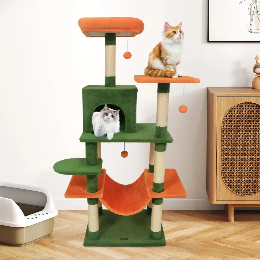 58’’ Multi-Level Cat Tree Soft Plush Cat Tower with Padded Top Perch-Green - Green - Cat Trees Condos & Scratchers