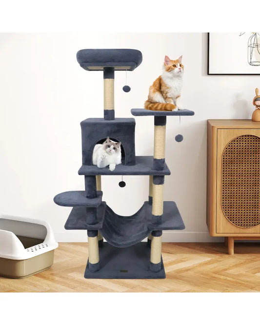 58’’ Multi-Level Cat Tree Soft Plush Cat Tower with Padded Top Perch-Grey - Gray - Cat Trees Condos & Scratchers