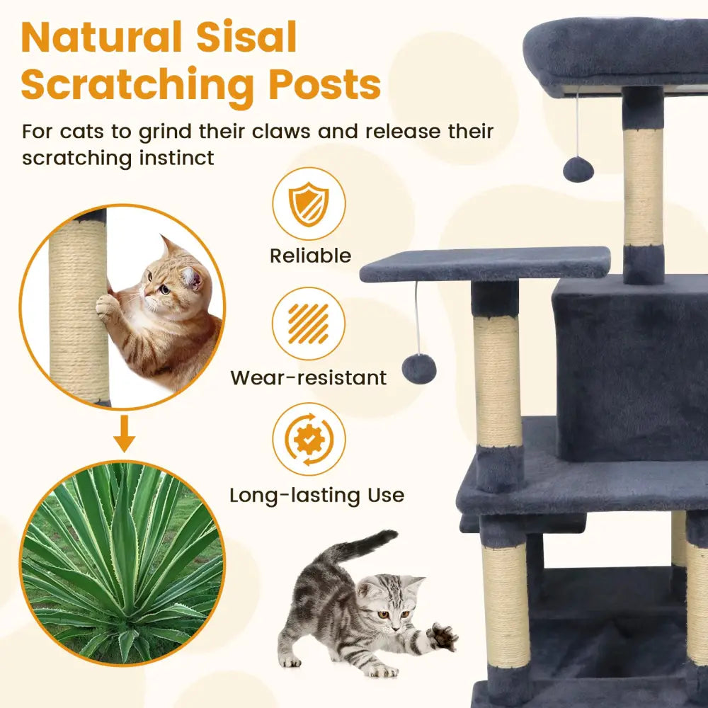 58’’ Multi-Level Cat Tree Soft Plush Cat Tower with Padded Top Perch-Grey - Gray - Cat Trees Condos & Scratchers