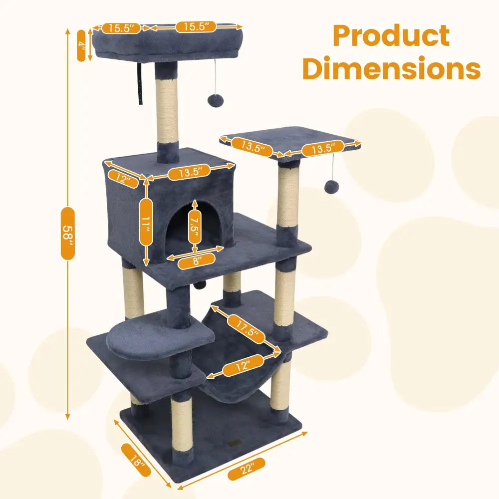 58’’ Multi-Level Cat Tree Soft Plush Cat Tower with Padded Top Perch-Grey - Gray - Cat Trees Condos & Scratchers