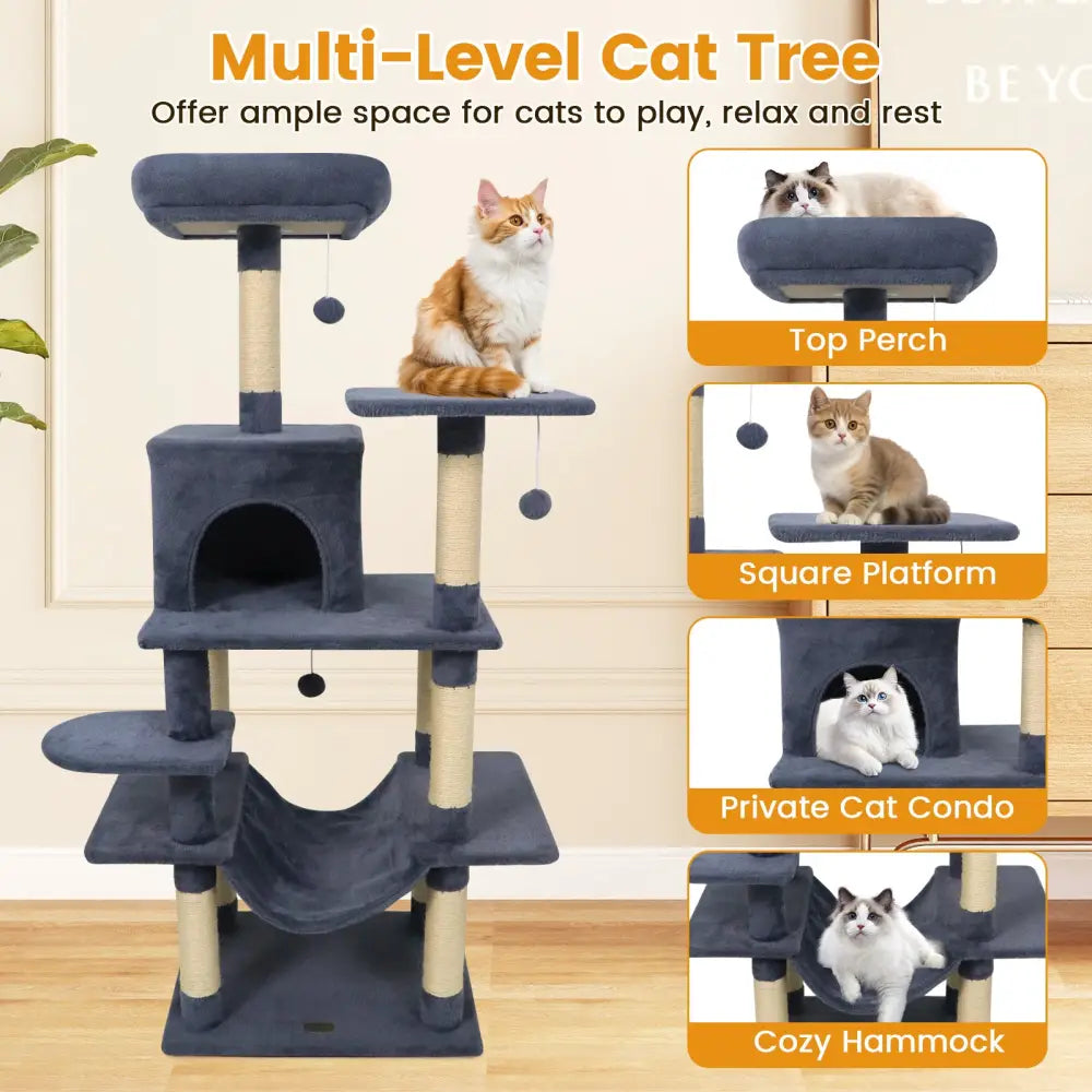58’’ Multi-Level Cat Tree Soft Plush Cat Tower with Padded Top Perch-Grey - Gray - Cat Trees Condos & Scratchers