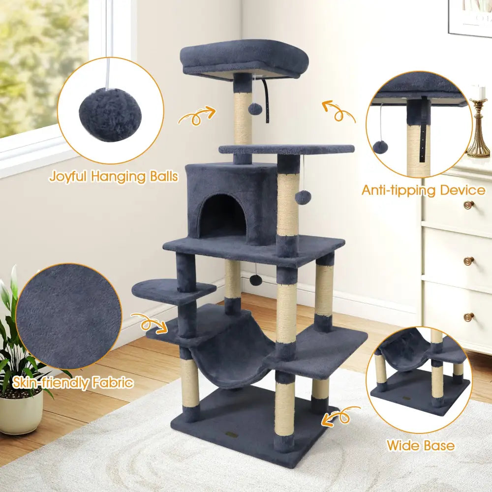 58’’ Multi-Level Cat Tree Soft Plush Cat Tower with Padded Top Perch-Grey - Gray - Cat Trees Condos & Scratchers