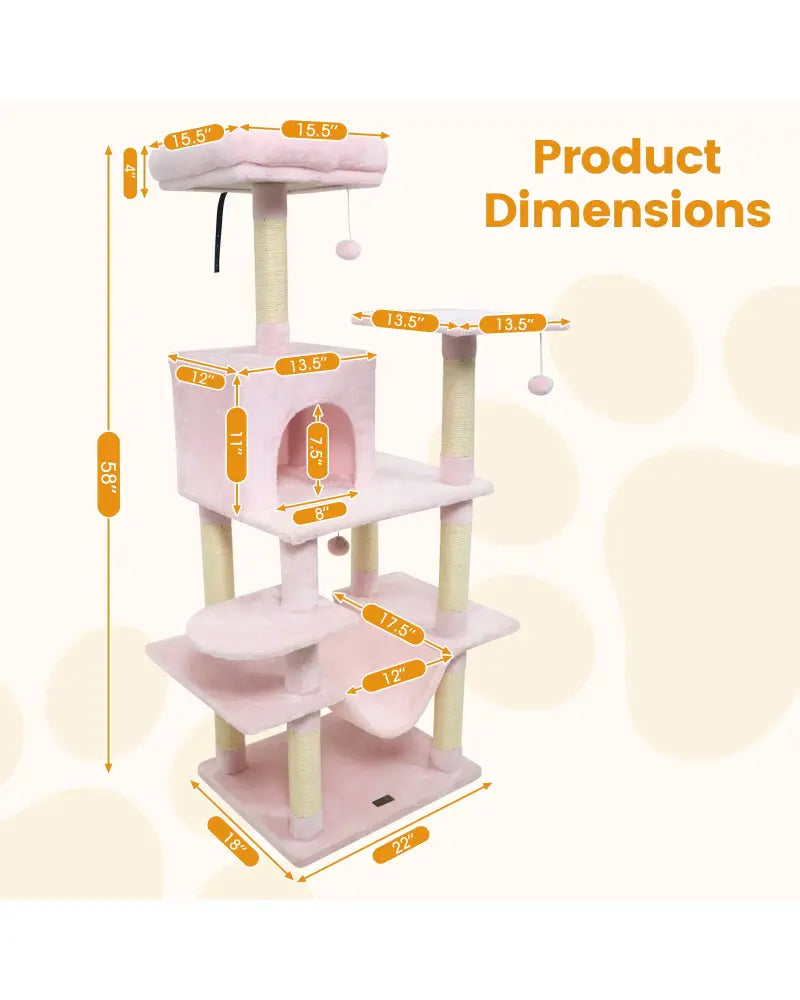 58’’ Multi-Level Cat Tree Soft Plush Cat Tower with Padded Top Perch-Pink - Pink - Cat Trees Condos & Scratchers
