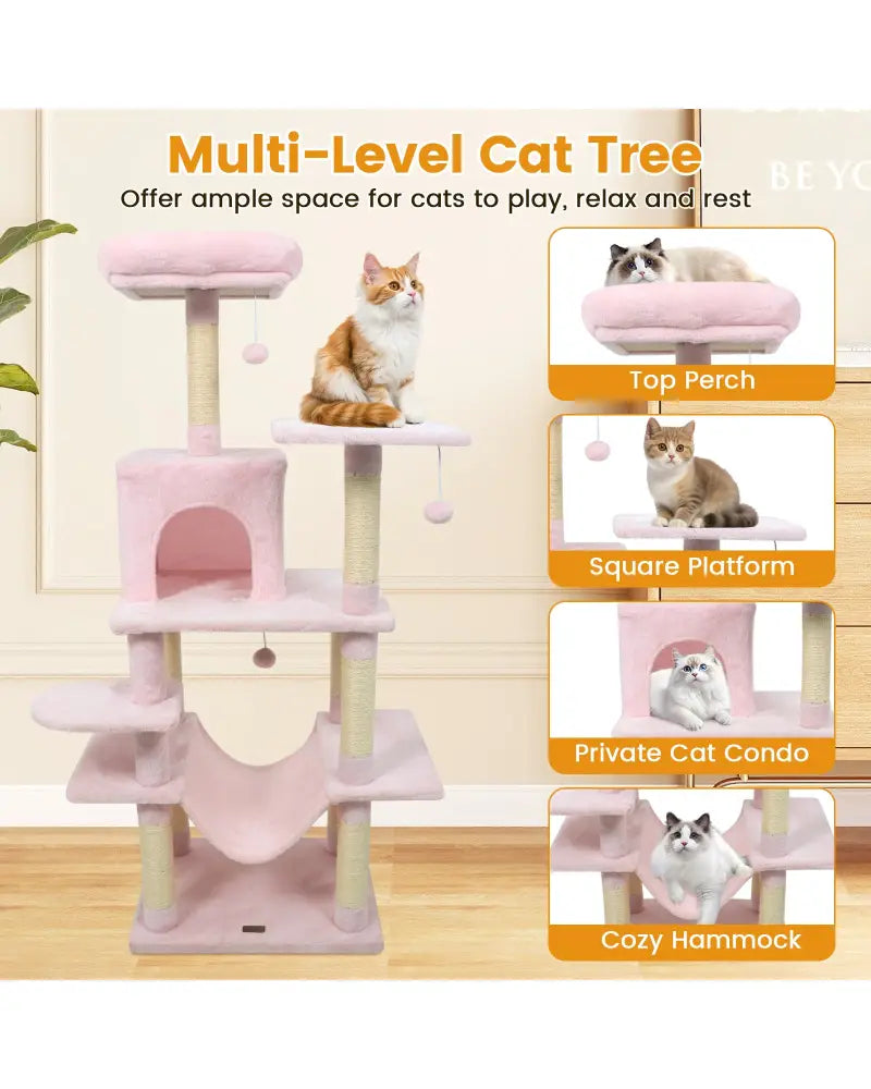 58’’ Multi-Level Cat Tree Soft Plush Cat Tower with Padded Top Perch-Pink - Pink - Cat Trees Condos & Scratchers