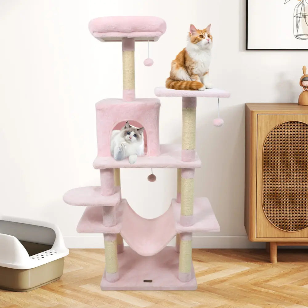 58’’ Multi-Level Cat Tree Soft Plush Cat Tower with Padded Top Perch-Pink - Pink - Cat Trees Condos & Scratchers