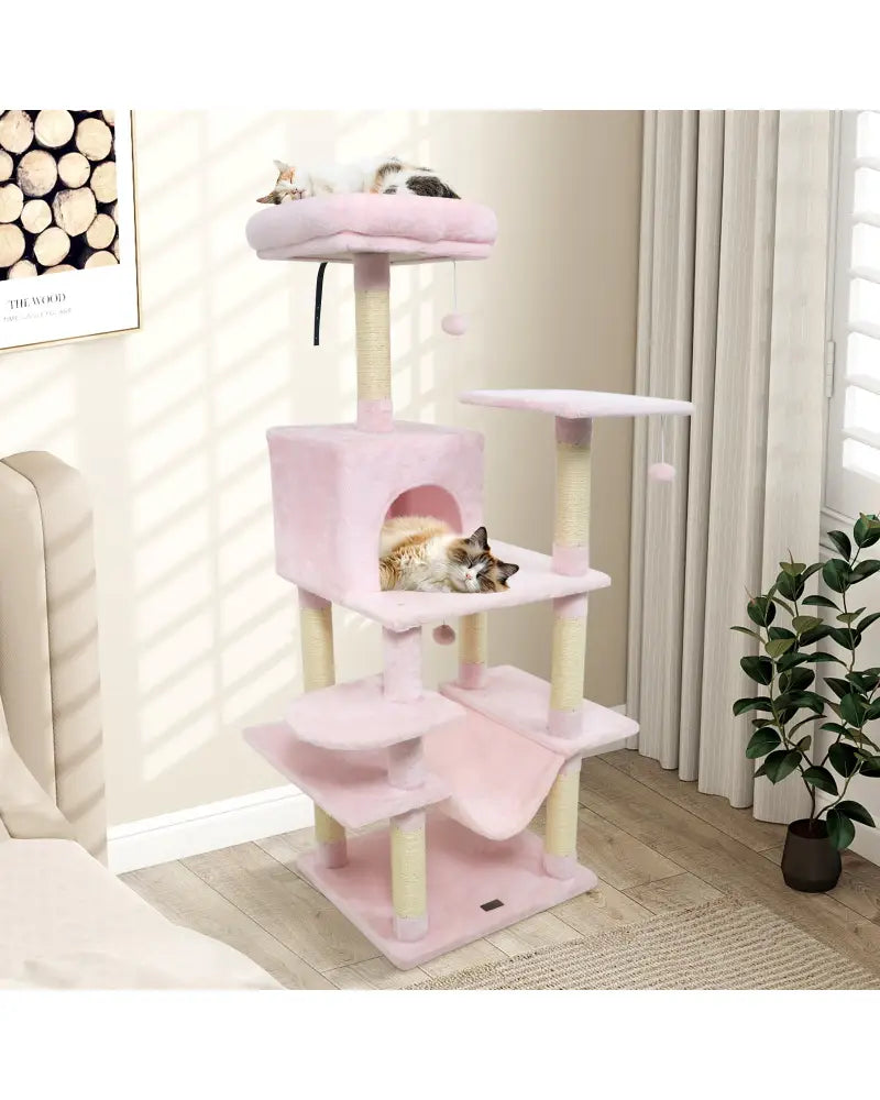 58’’ Multi-Level Cat Tree Soft Plush Cat Tower with Padded Top Perch-Pink - Pink - Cat Trees Condos & Scratchers