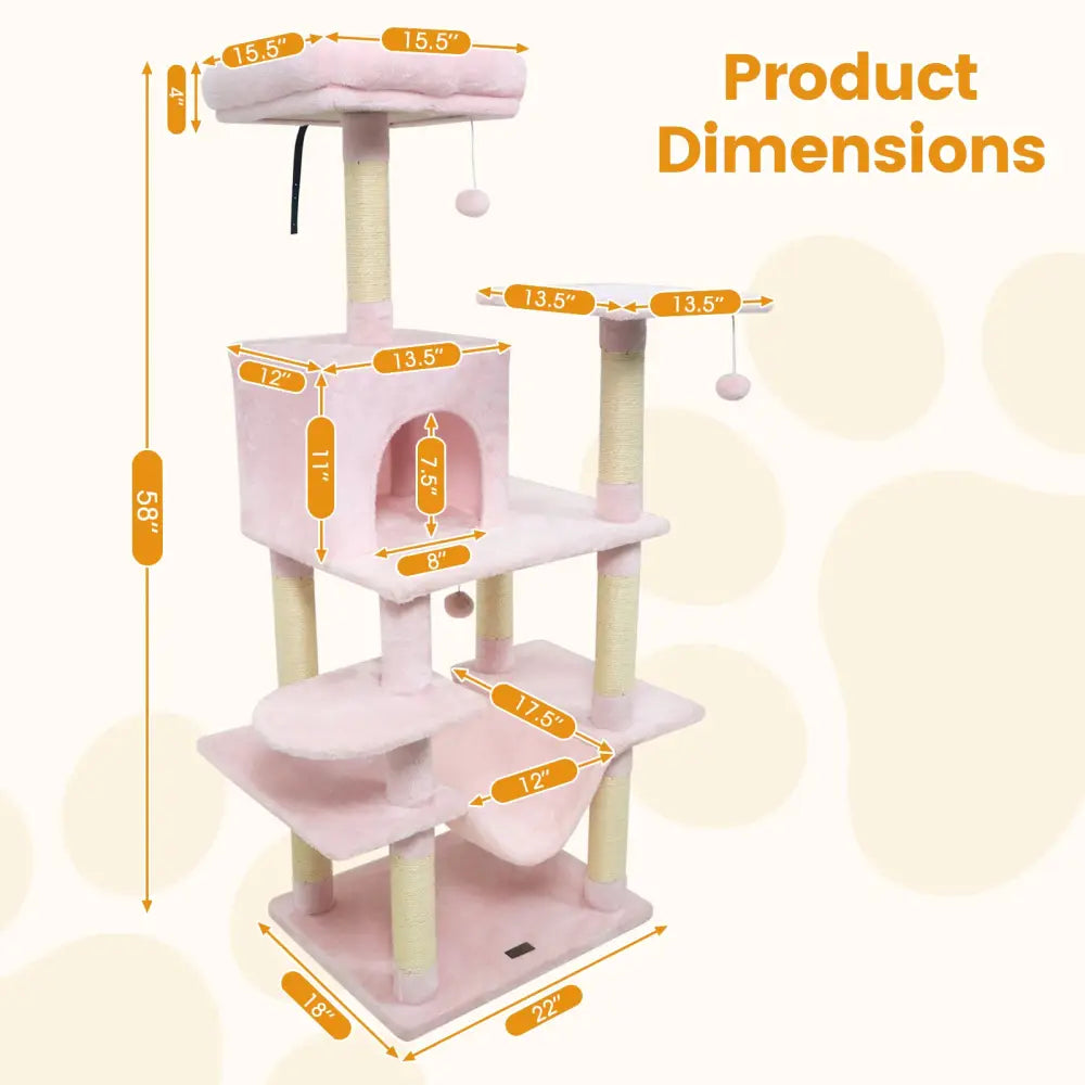 58’’ Multi-Level Cat Tree Soft Plush Cat Tower with Padded Top Perch-Pink - Pink - Cat Trees Condos & Scratchers
