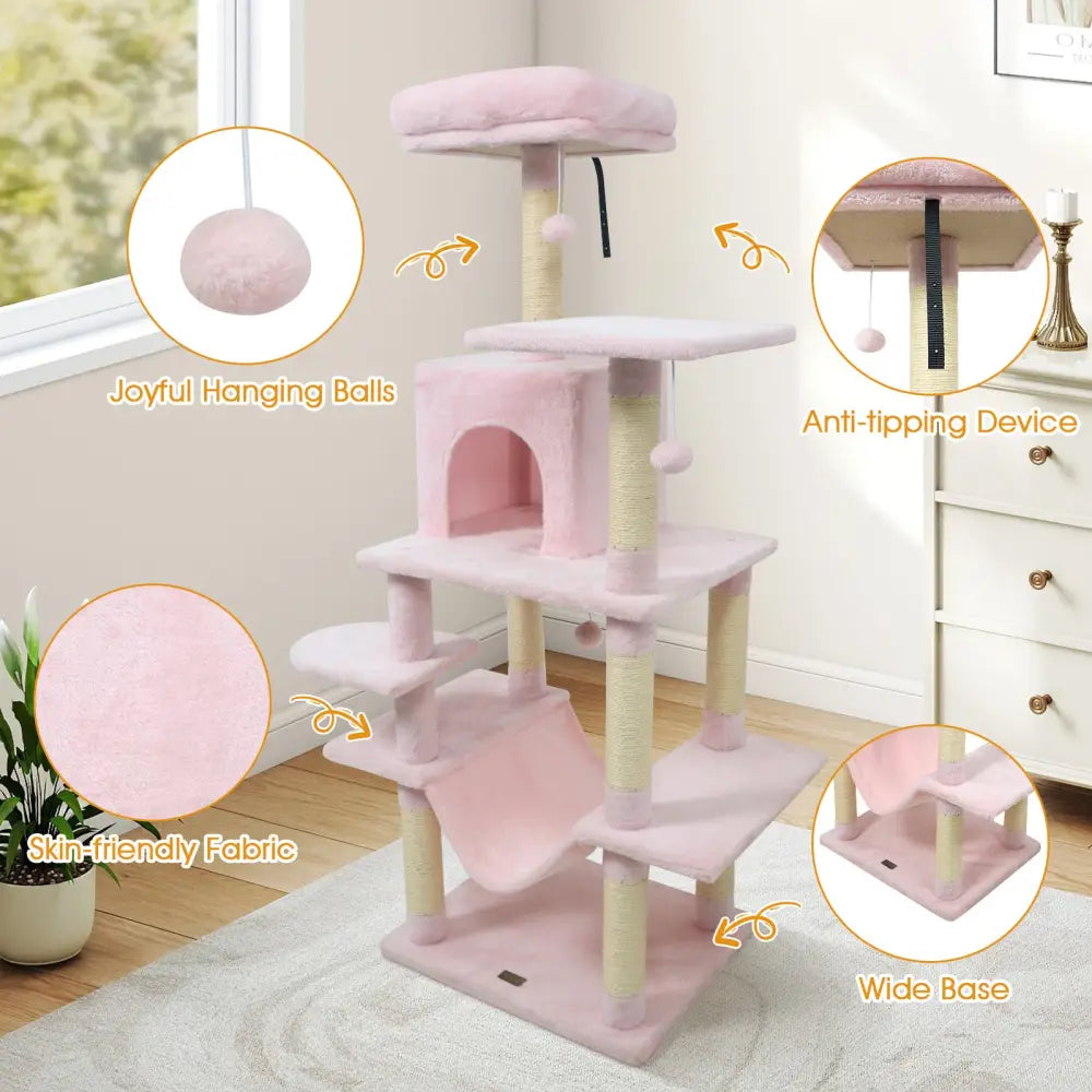 58’’ Multi-Level Cat Tree Soft Plush Cat Tower with Padded Top Perch-Pink - Pink - Cat Trees Condos & Scratchers