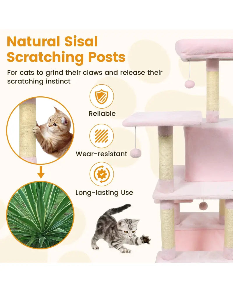 58’’ Multi-Level Cat Tree Soft Plush Cat Tower with Padded Top Perch-Pink - Pink - Cat Trees Condos & Scratchers