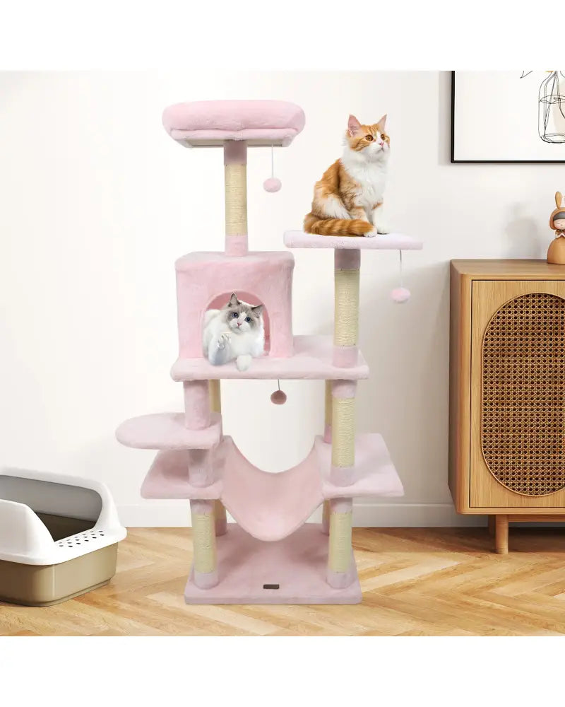 58’’ Multi-Level Cat Tree Soft Plush Cat Tower with Padded Top Perch-Pink - Pink - Cat Trees Condos & Scratchers