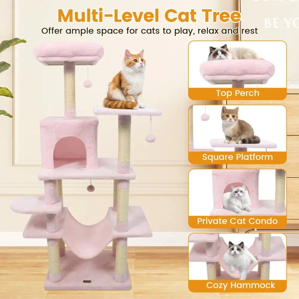 58’’ Multi-Level Cat Tree Soft Plush Cat Tower with Padded Top Perch-Pink - Pink - Cat Trees Condos & Scratchers