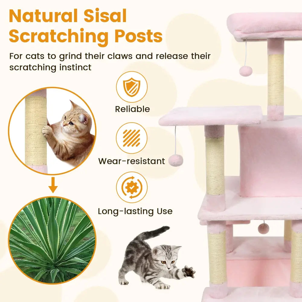 58’’ Multi-Level Cat Tree Soft Plush Cat Tower with Padded Top Perch-Pink - Pink - Cat Trees Condos & Scratchers