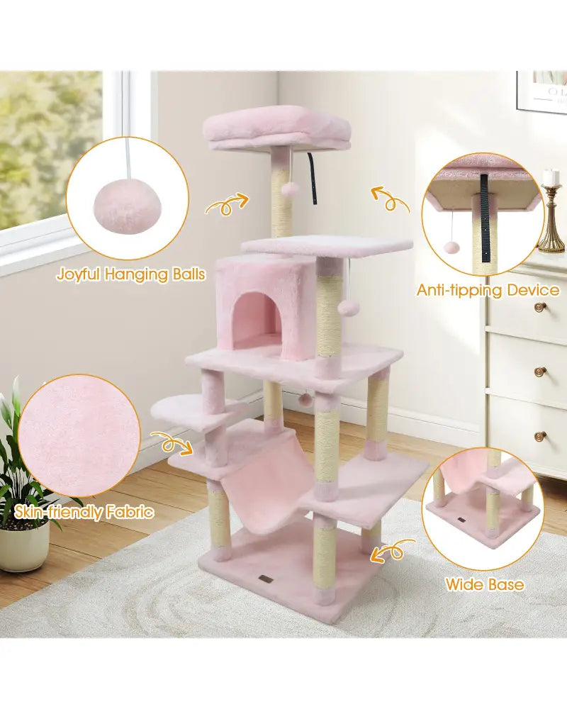 58’’ Multi-Level Cat Tree Soft Plush Cat Tower with Padded Top Perch-Pink - Pink - Cat Trees Condos & Scratchers