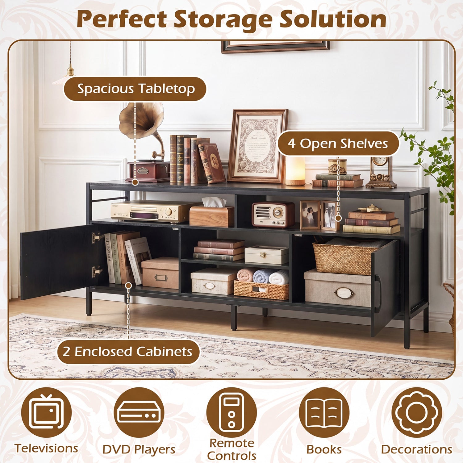 58 Inch Industrial TV Stand with Cabinets and Adjustable Shelf for TVs up to 65 Inch-Black