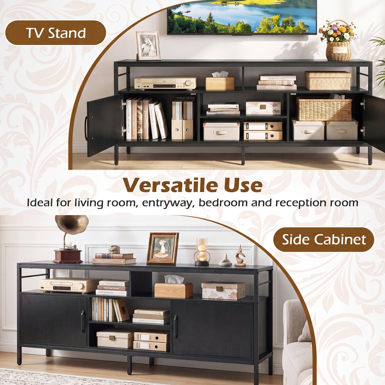58 Inch Industrial TV Stand with Cabinets and Adjustable Shelf for TVs up to 65 Inch-Black