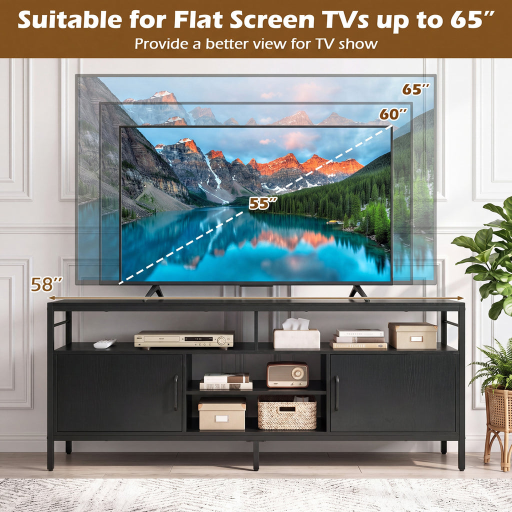 58 Inch Industrial TV Stand with Cabinets and Adjustable Shelf for TVs up to 65 Inch-Black