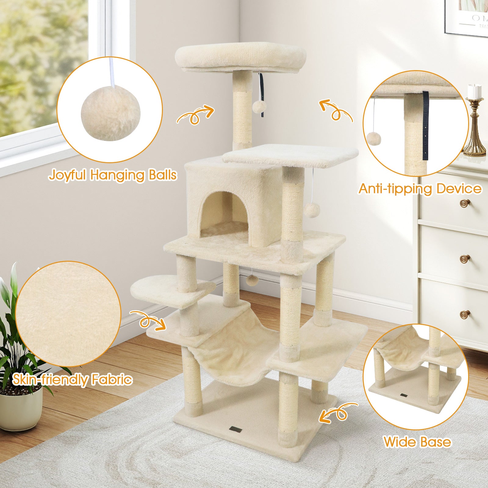 58" Multi-Level Cat Tree Soft Plush Cat Tower with Padded Top Perch-Beige