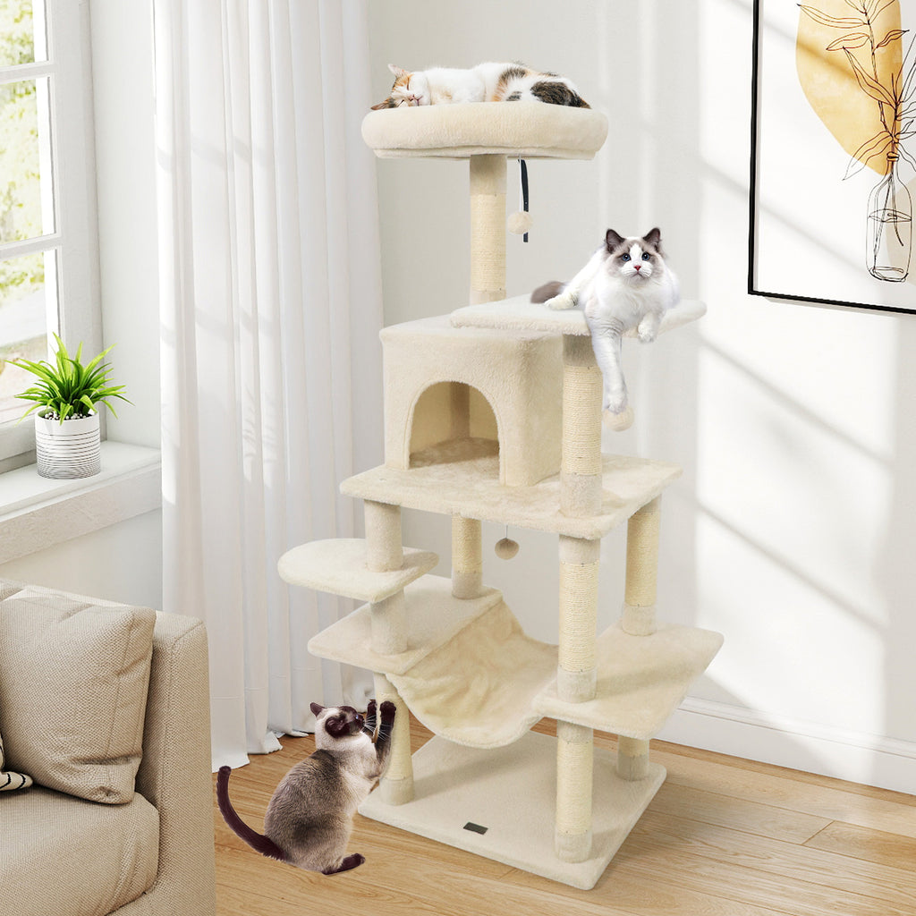 58" Multi-Level Cat Tree Soft Plush Cat Tower with Padded Top Perch-Beige