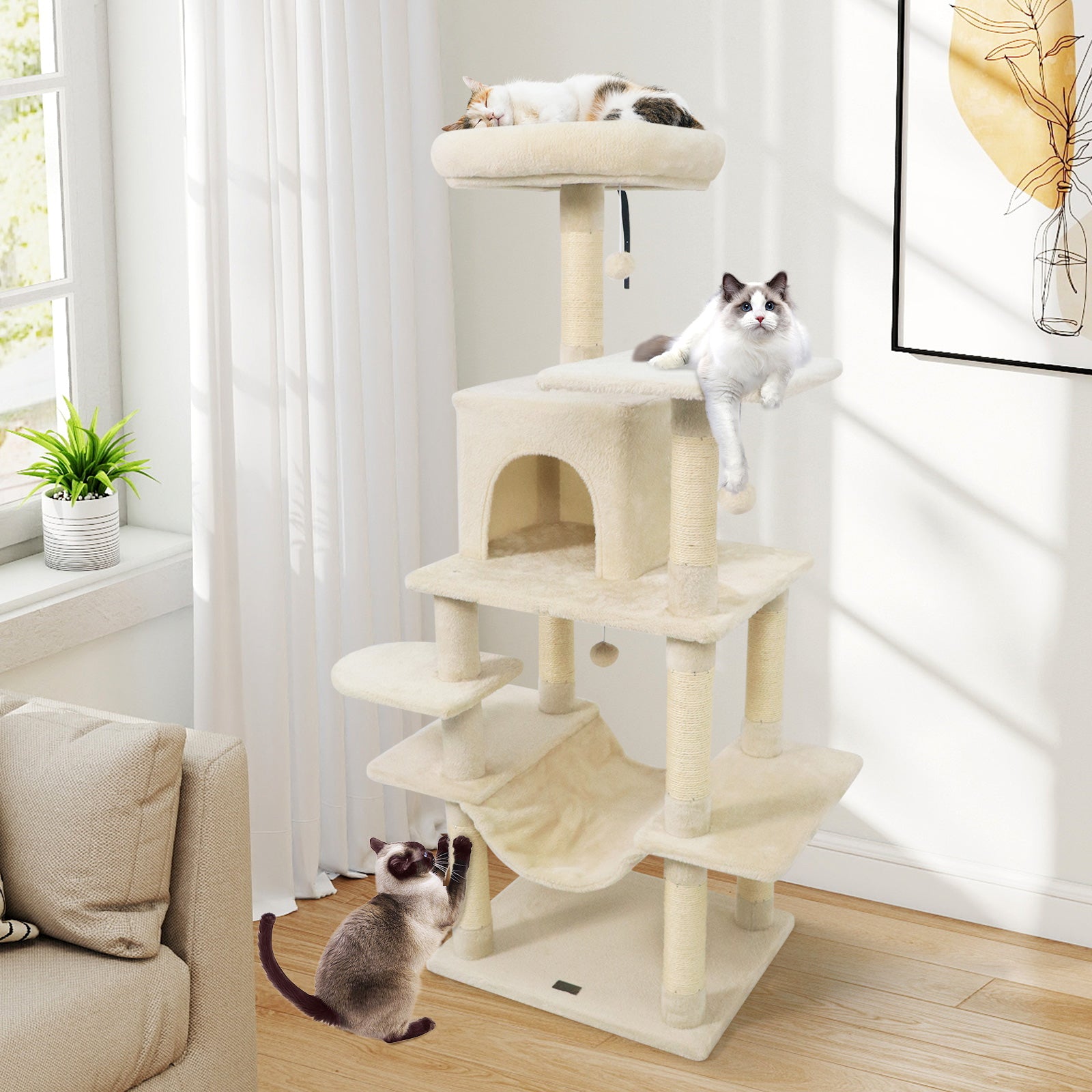 58" Multi-Level Cat Tree Soft Plush Cat Tower with Padded Top Perch-Beige