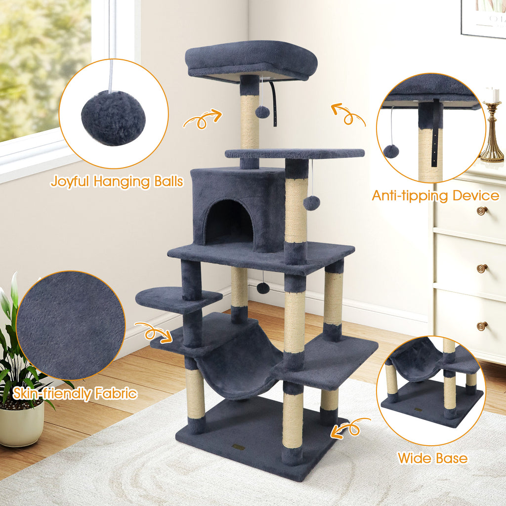 58" Multi-Level Cat Tree Soft Plush Cat Tower with Padded Top Perch-Grey