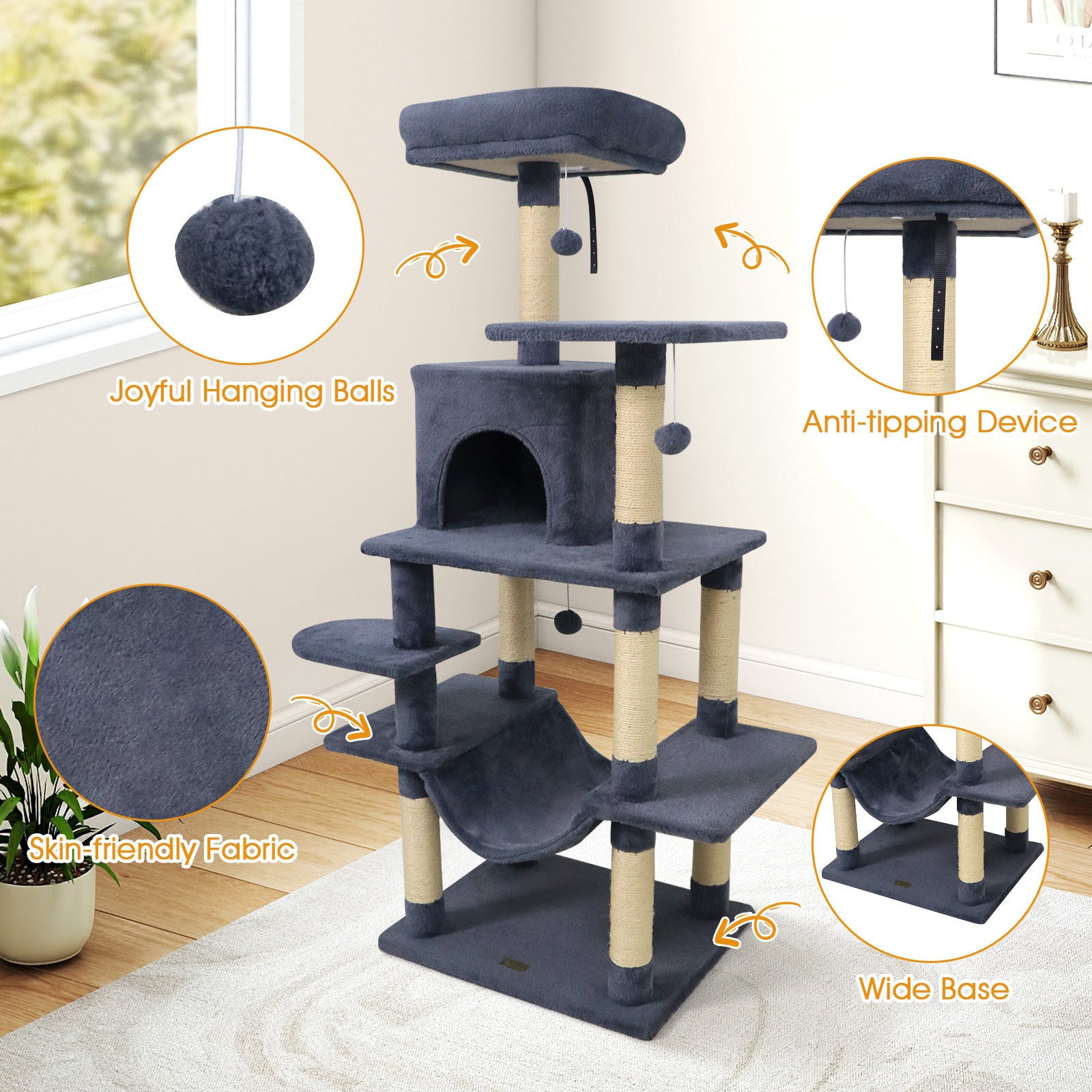 58" Multi-Level Cat Tree Soft Plush Cat Tower with Padded Top Perch-Grey