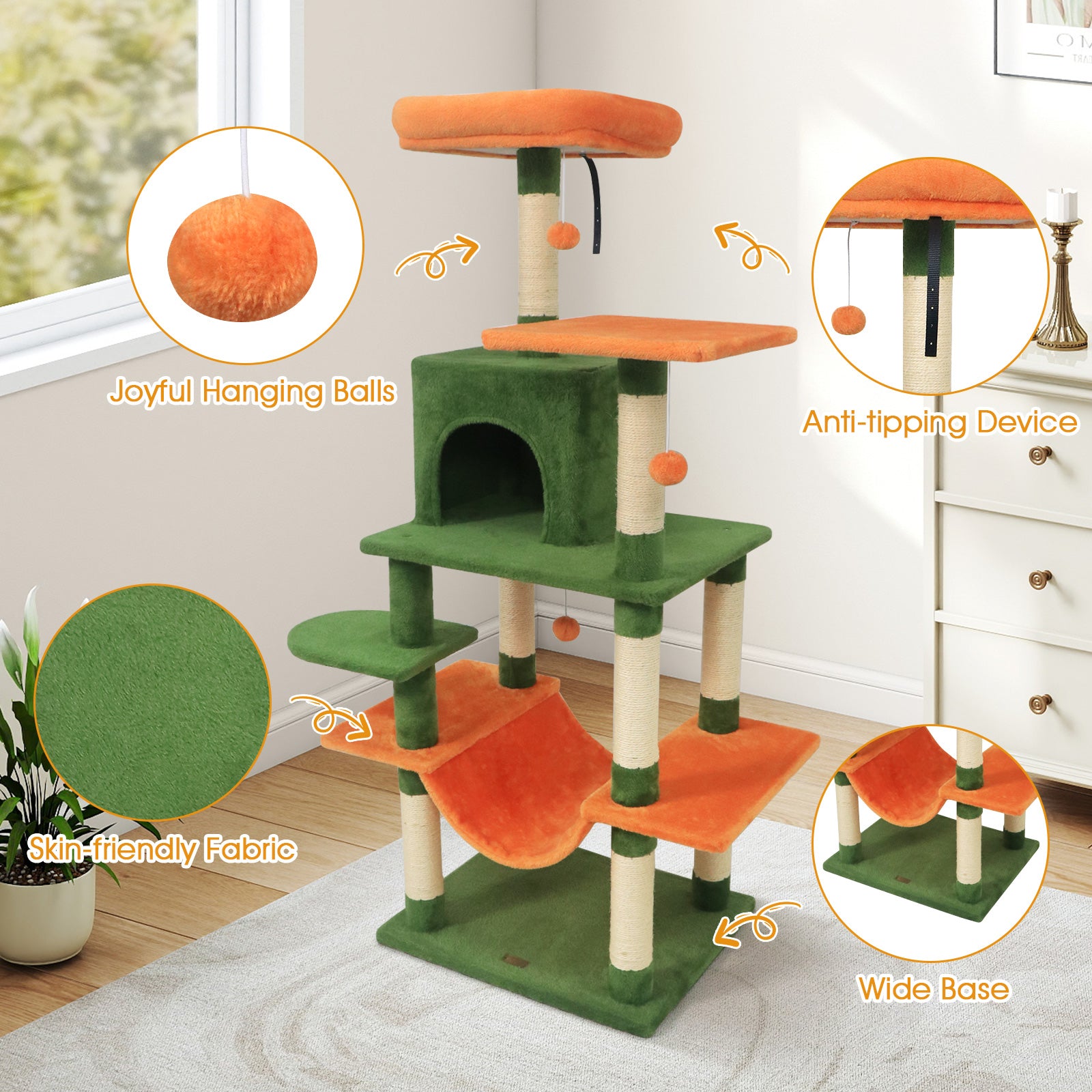 58" Multi-Level Cat Tree Soft Plush Cat Tower with Padded Top Perch-Green