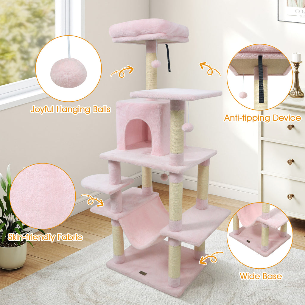 58" Multi-Level Cat Tree Soft Plush Cat Tower with Padded Top Perch-Pink
