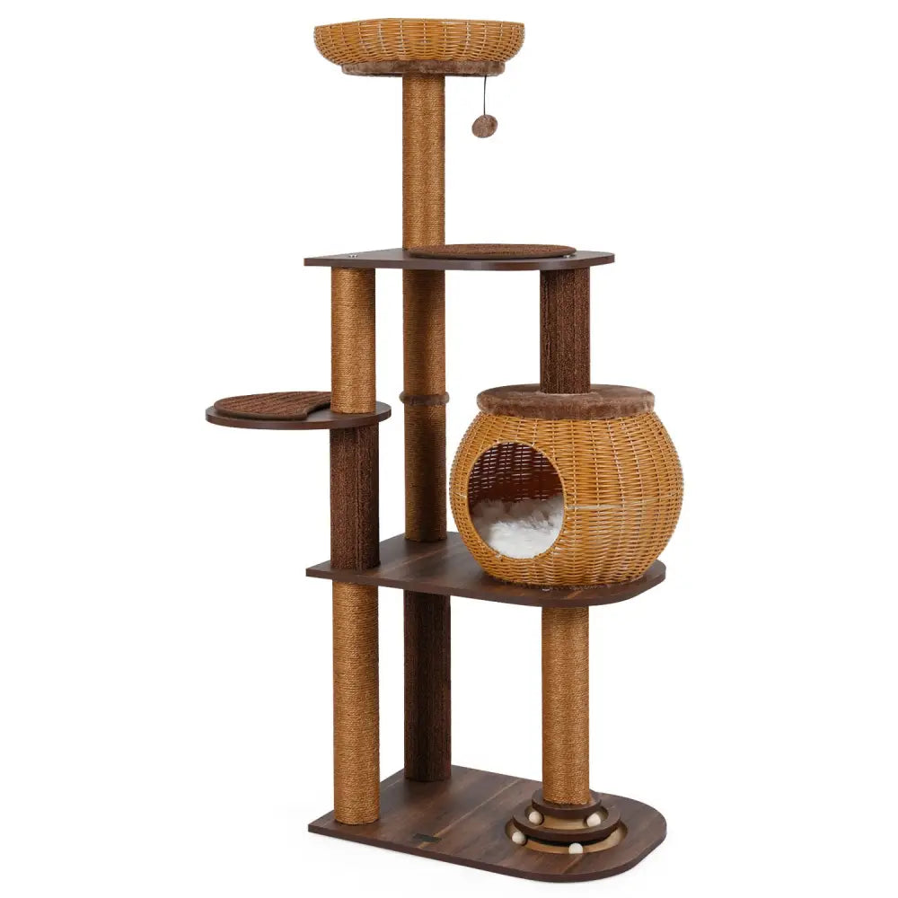 59.5 Inch Cat Tree Multi-Level Cat Tower with PE Rattan Cat Condo and Top Perch-Brown - Brown - Cat Trees Condos &