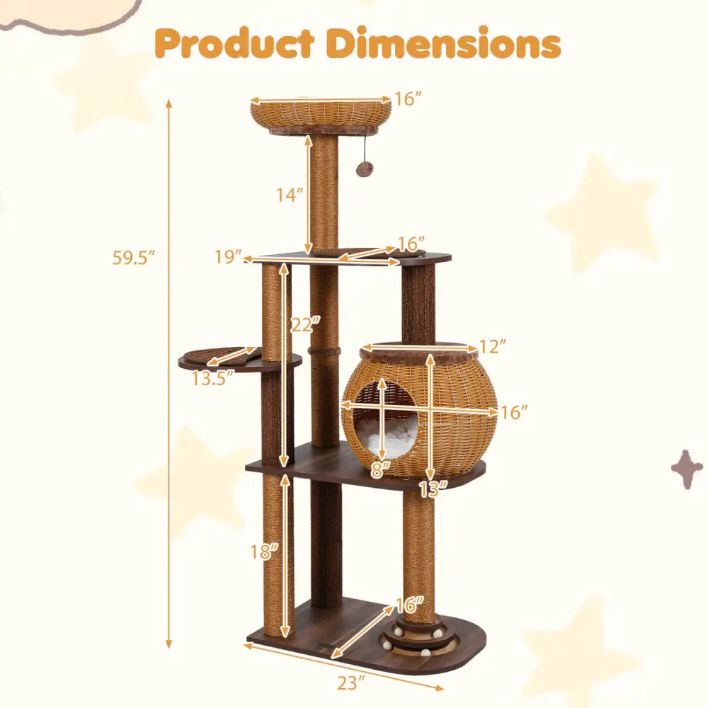 59.5 Inch Cat Tree Multi-Level Cat Tower with PE Rattan Cat Condo and Top Perch-Brown - Brown - Cat Trees Condos &
