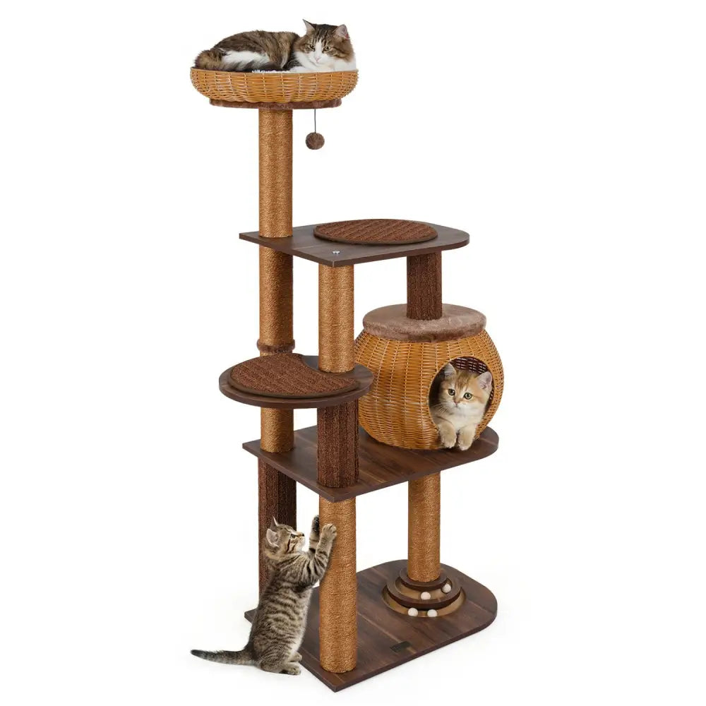 59.5 Inch Cat Tree Multi-Level Cat Tower with PE Rattan Cat Condo and Top Perch-Brown - Brown - Cat Trees Condos &