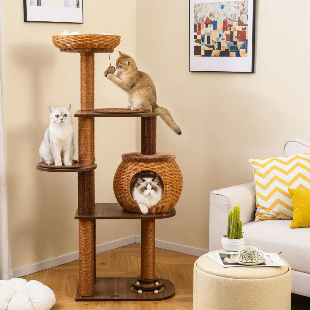 59.5 Inch Cat Tree Multi-Level Cat Tower with PE Rattan Cat Condo and Top Perch-Brown - Brown - Cat Trees Condos &