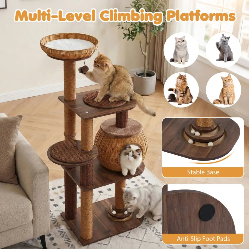 59.5 Inch Cat Tree Multi-Level Cat Tower with PE Rattan Cat Condo and Top Perch-Brown - Brown - Cat Trees Condos &