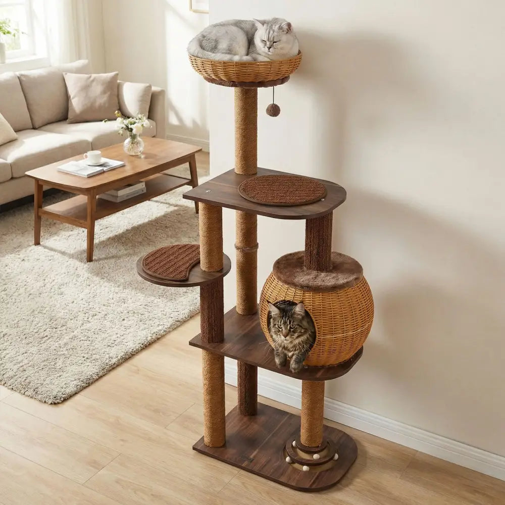 59.5 Inch Cat Tree Multi-Level Cat Tower with PE Rattan Cat Condo and Top Perch-Brown - Brown - Cat Trees Condos &