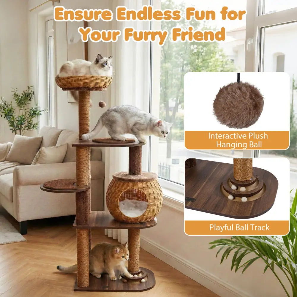 59.5 Inch Cat Tree Multi-Level Cat Tower with PE Rattan Cat Condo and Top Perch-Brown - Brown - Cat Trees Condos &