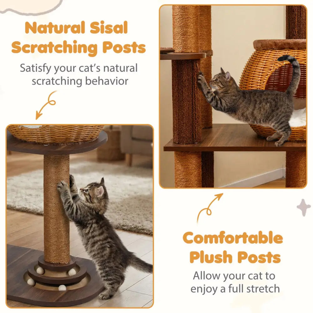 59.5 Inch Cat Tree Multi-Level Cat Tower with PE Rattan Cat Condo and Top Perch-Brown - Brown - Cat Trees Condos &
