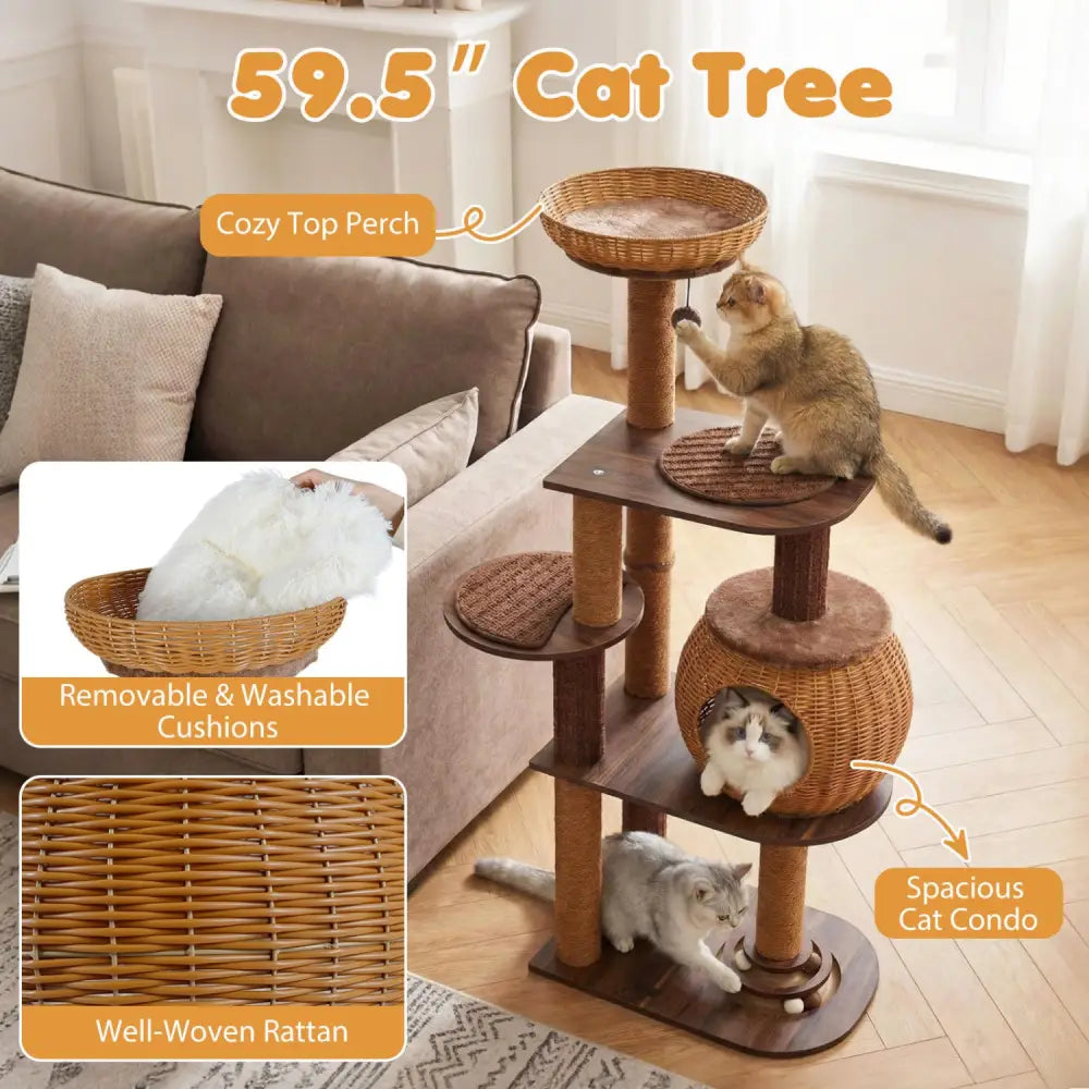 59.5 Inch Cat Tree Multi-Level Cat Tower with PE Rattan Cat Condo and Top Perch-Brown - Brown - Cat Trees Condos &
