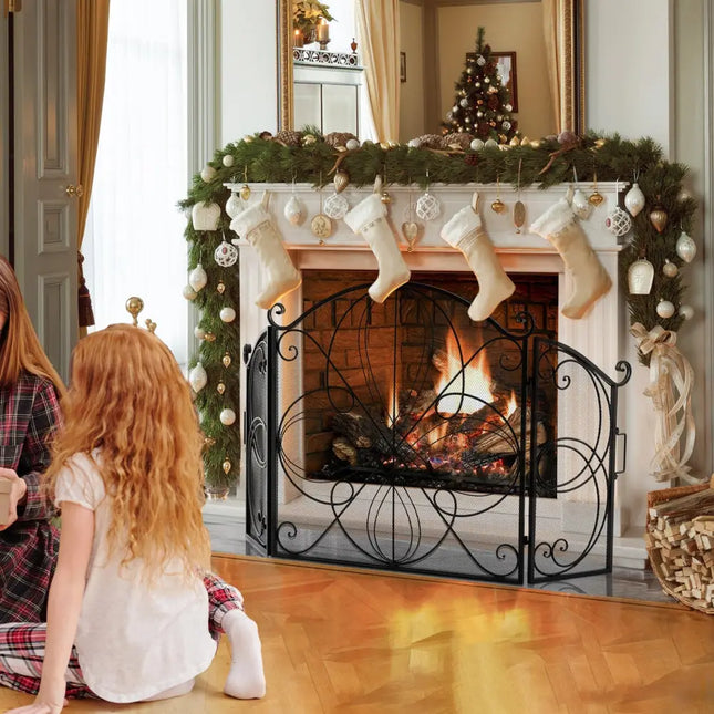 59.5 x 32.5 Inch Fireplace Screen with Floral Pattern-Black - Black - Fireplace Tools