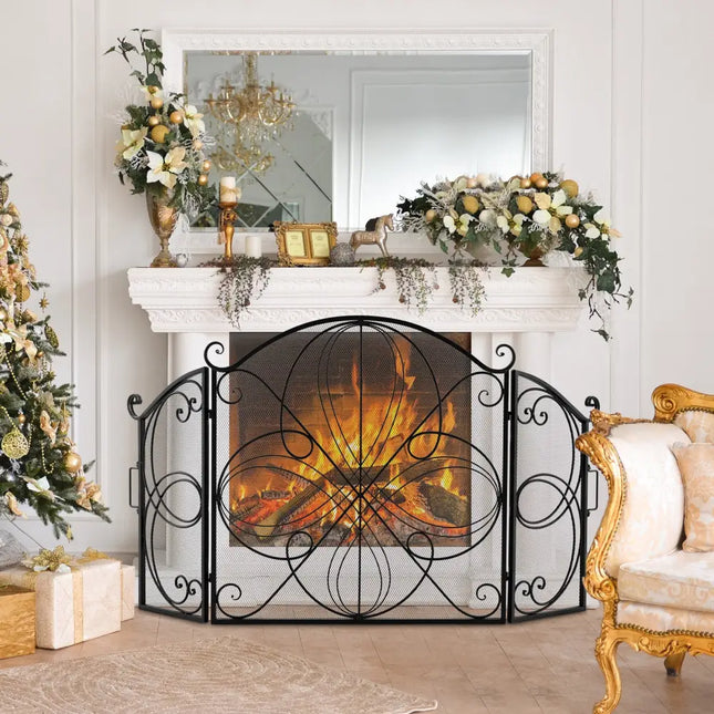 59.5 x 32.5 Inch Fireplace Screen with Floral Pattern-Black - Black - Fireplace Tools