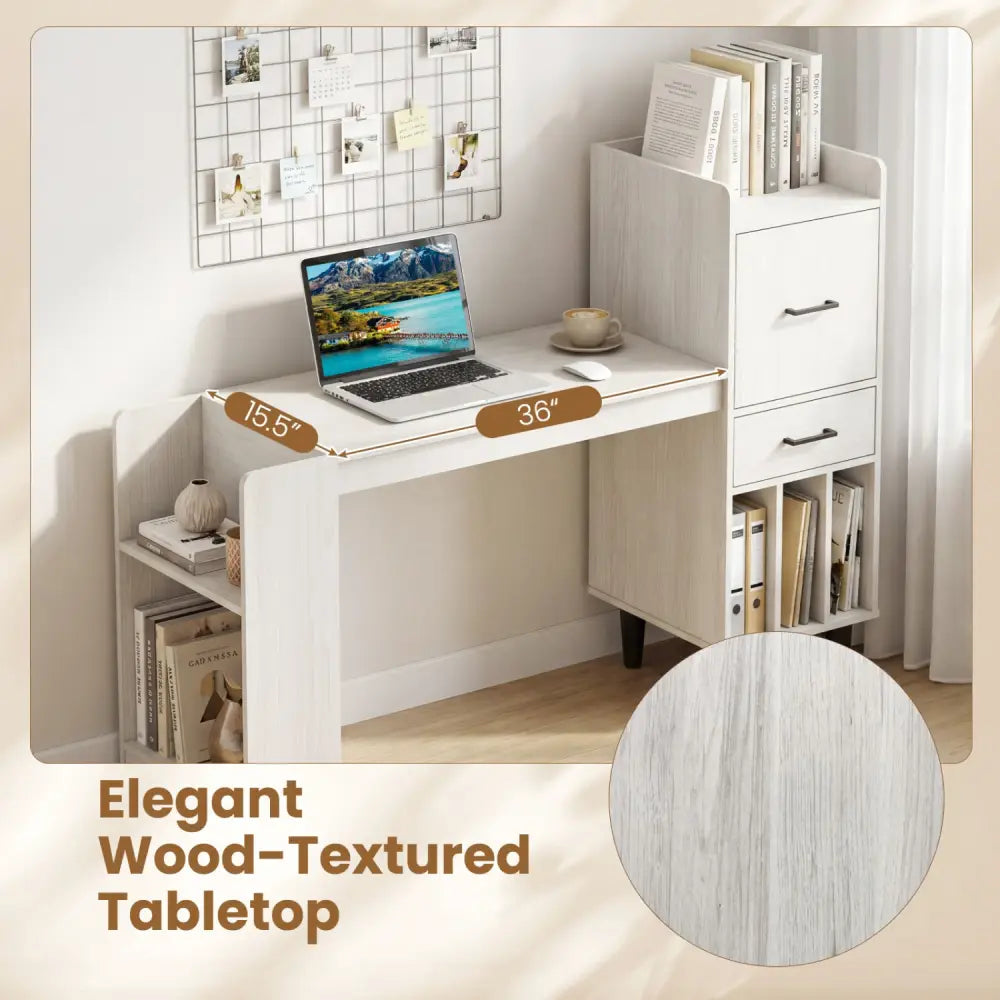 59’’ Home Office Desk with Side Storage Shelves and Drawer Cabinets for Bedroom-White - White - Standing Desks