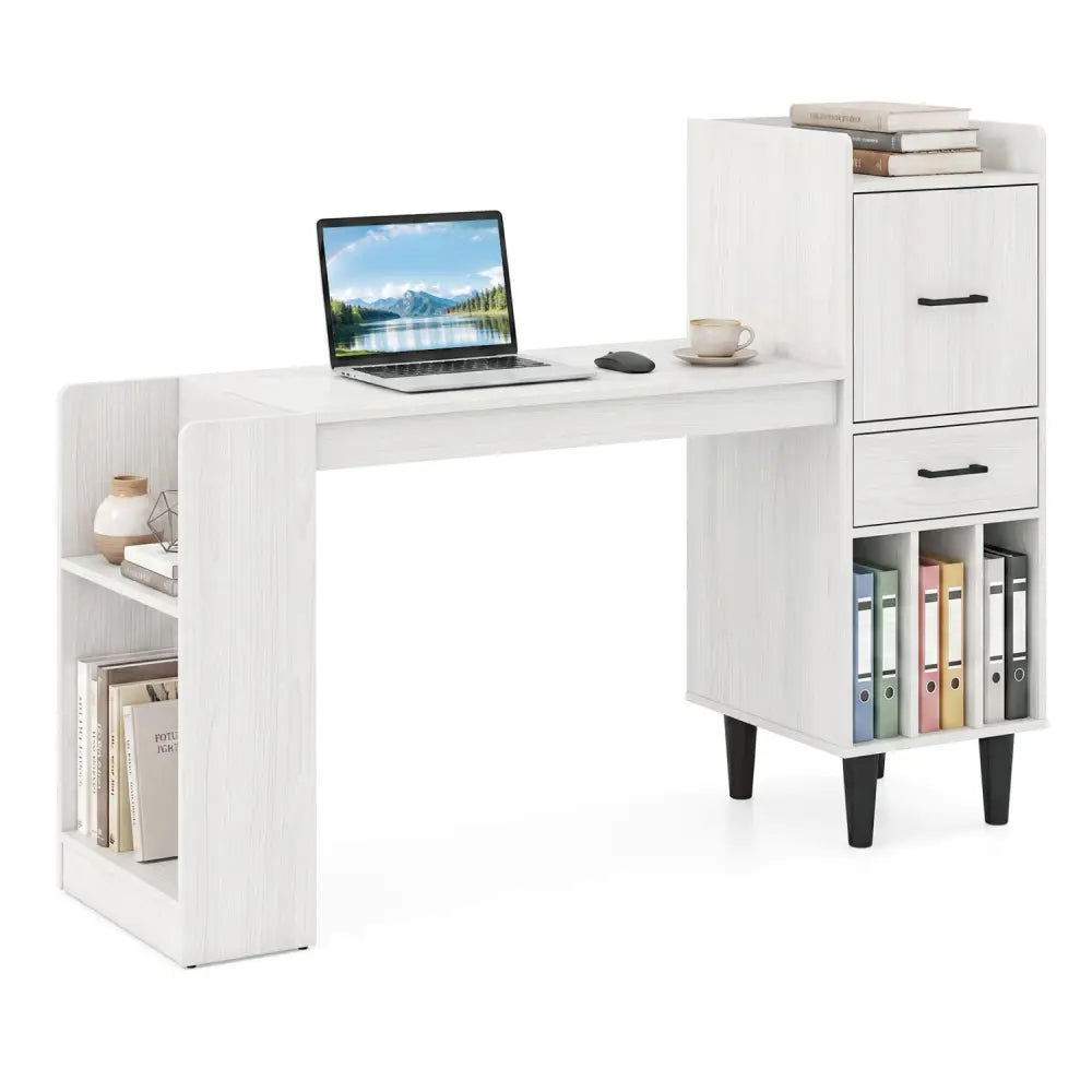 59’’ Home Office Desk with Side Storage Shelves and Drawer Cabinets for Bedroom-White - White - Standing Desks