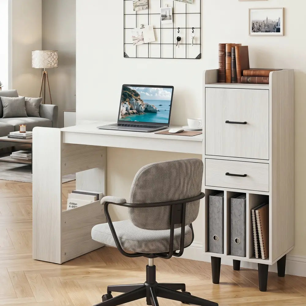 59’’ Home Office Desk with Side Storage Shelves and Drawer Cabinets for Bedroom-White - White - Standing Desks