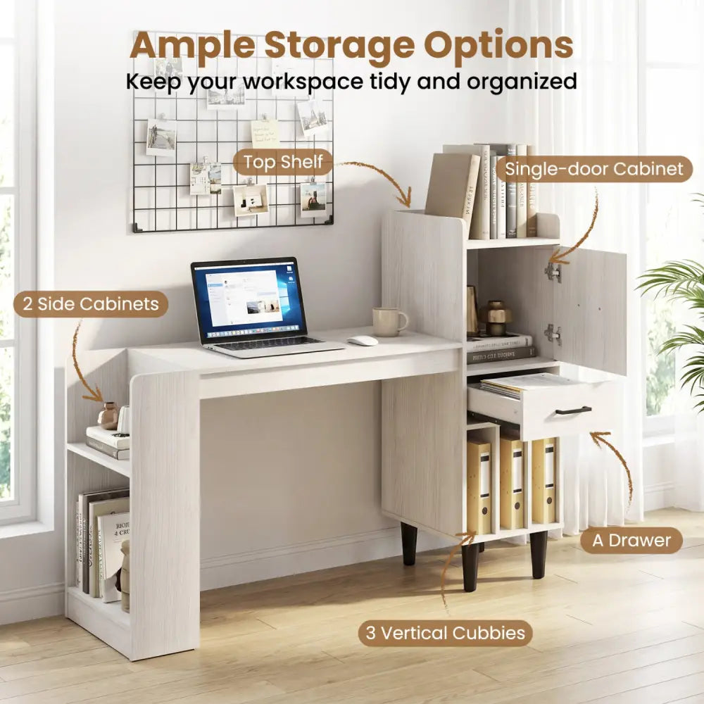 59’’ Home Office Desk with Side Storage Shelves and Drawer Cabinets for Bedroom-White - White - Standing Desks