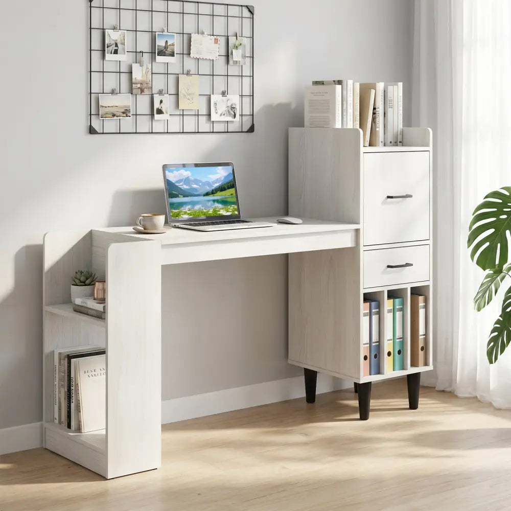 59’’ Home Office Desk with Side Storage Shelves and Drawer Cabinets for Bedroom-White - White - Standing Desks