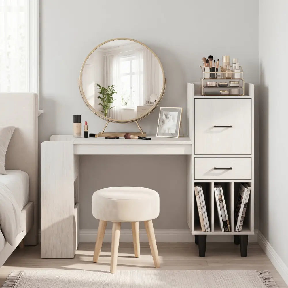 59’’ Home Office Desk with Side Storage Shelves and Drawer Cabinets for Bedroom-White - White - Standing Desks