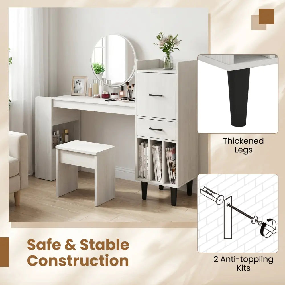 59’’ Home Office Desk with Side Storage Shelves and Drawer Cabinets for Bedroom-White - White - Standing Desks