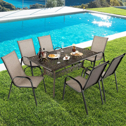 59 Inch Aluminum Patio Dining Table with Umbrella Hole fot 6 Persons-Bronze - Bronze - Patio Dining Tables