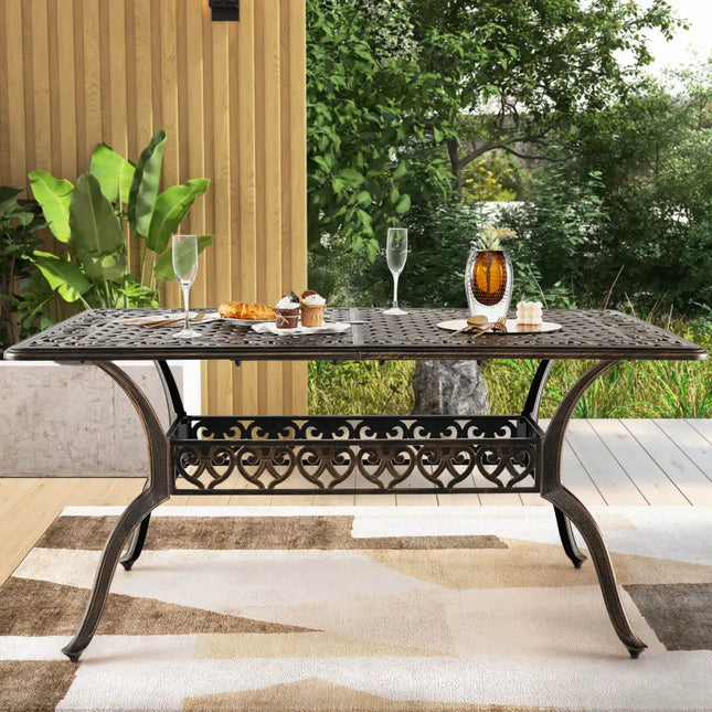 59 Inch Aluminum Patio Dining Table with Umbrella Hole fot 6 Persons-Bronze - Bronze - Patio Dining Tables