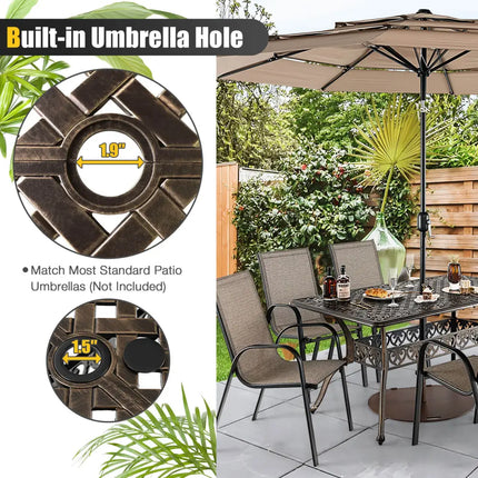 59 Inch Aluminum Patio Dining Table with Umbrella Hole fot 6 Persons-Bronze - Bronze - Patio Dining Tables