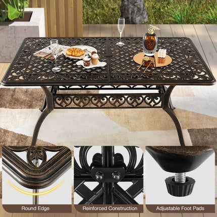 59 Inch Aluminum Patio Dining Table with Umbrella Hole fot 6 Persons-Bronze - Bronze - Patio Dining Tables