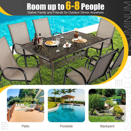 59 Inch Aluminum Patio Dining Table with Umbrella Hole fot 6 Persons-Bronze - Bronze - Patio Dining Tables